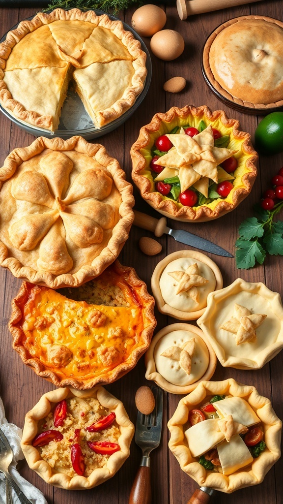A display of various pies and tarts including apple pie, quiche, and hand pies, highlighting the versatility of pie crust.